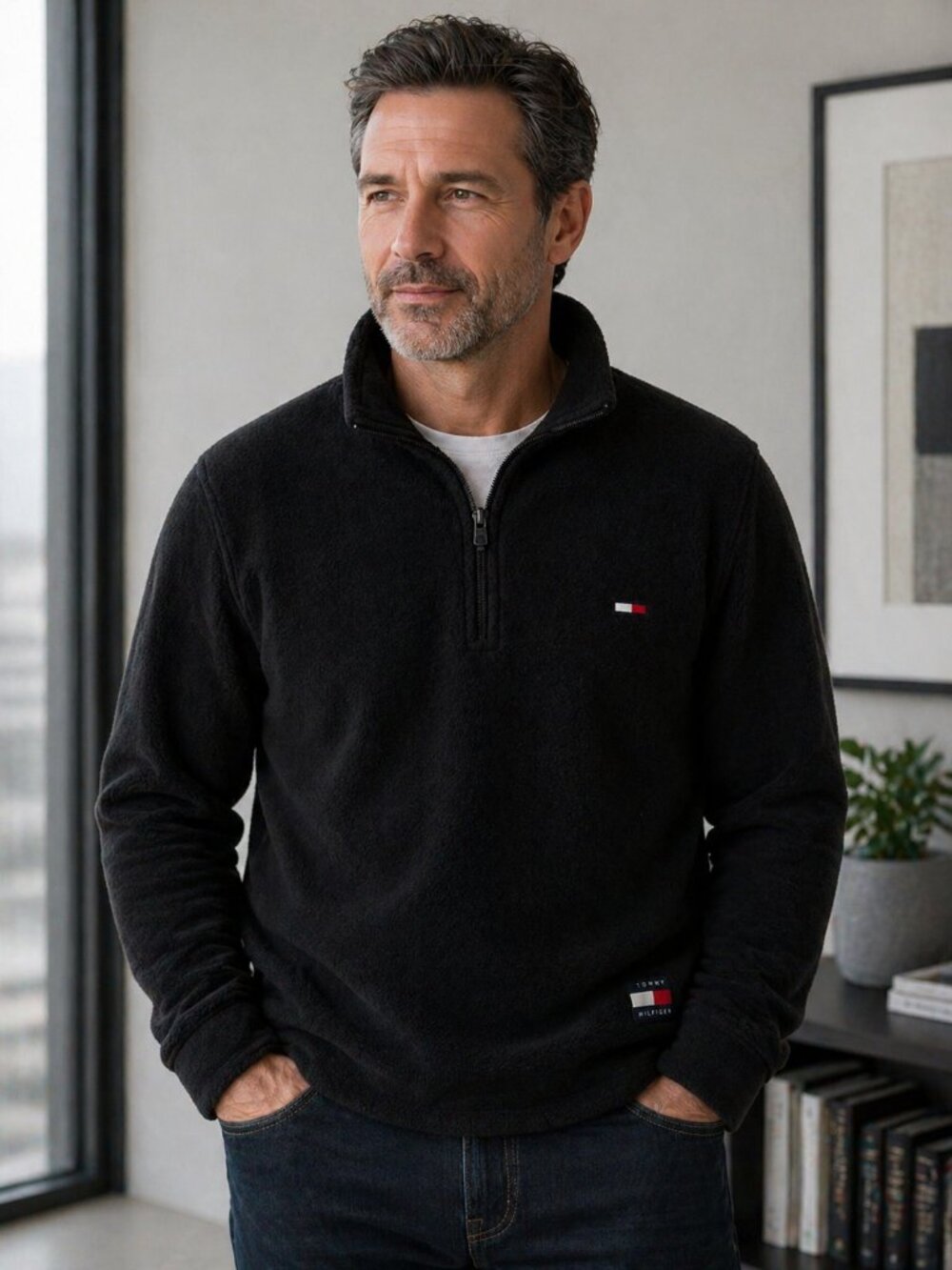 Tommy Hilfiger Men's Pullover Sweater Size XL Black Fleece Lined Grandpa Golf